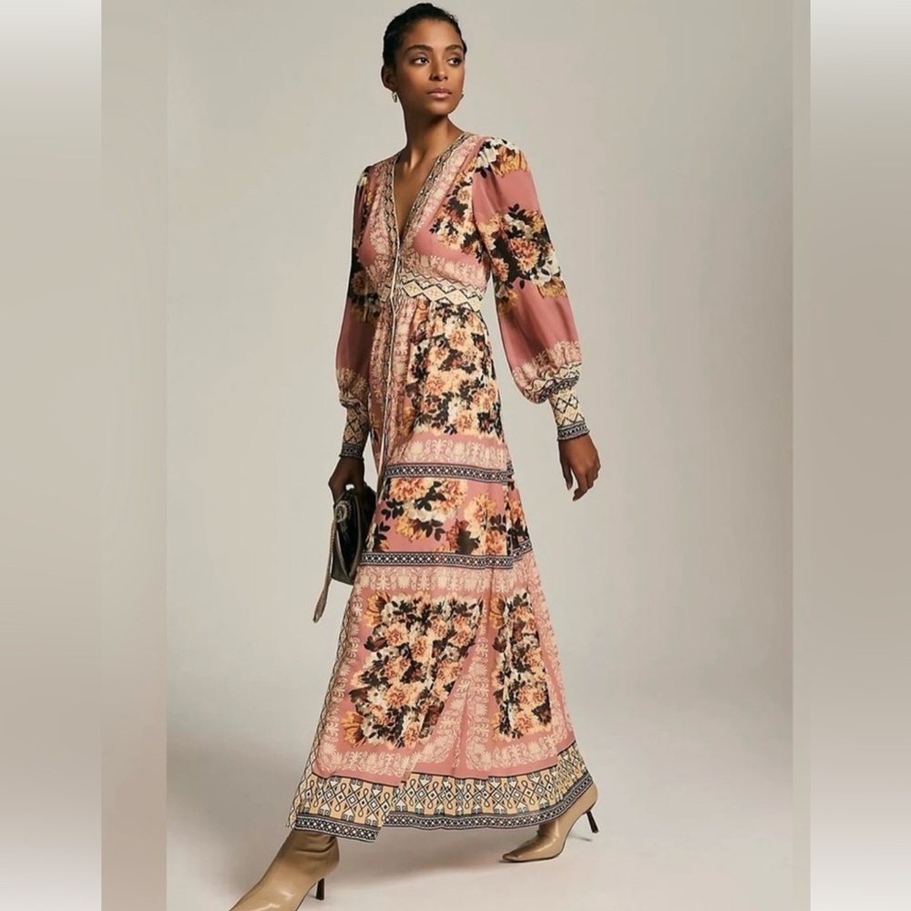 Vineet Bahl: Pink Floral Long Sleeve Maxi Dress - Elegant Boho Style